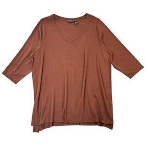 Tahari Pima Cotton Modal V-Neck Tunic Top Brown 3/4 Sleeve Plus Size Tee - 2X